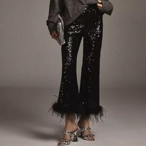 Antropologie Hutch Black Sequin Feather Trim Pants